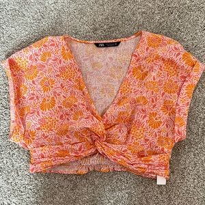 Zara Pink and Orange Floral Twist-Front Crop Top